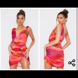 prettylittlething satin plunge abstract dress